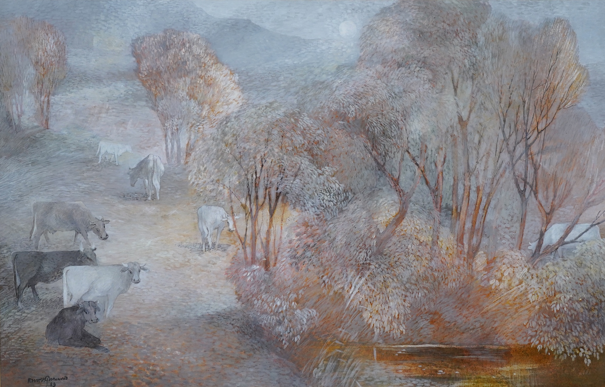 Ernest Greenwood (1910-2004), heightened watercolour, ‘Hillside pond’, signed and dated '89, 48 x 77cm